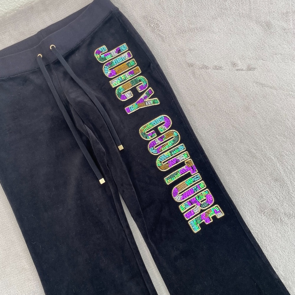 Juicy Couture Black‎ Label Velour Track Pants Women XS Black Sequence Logo NWOT